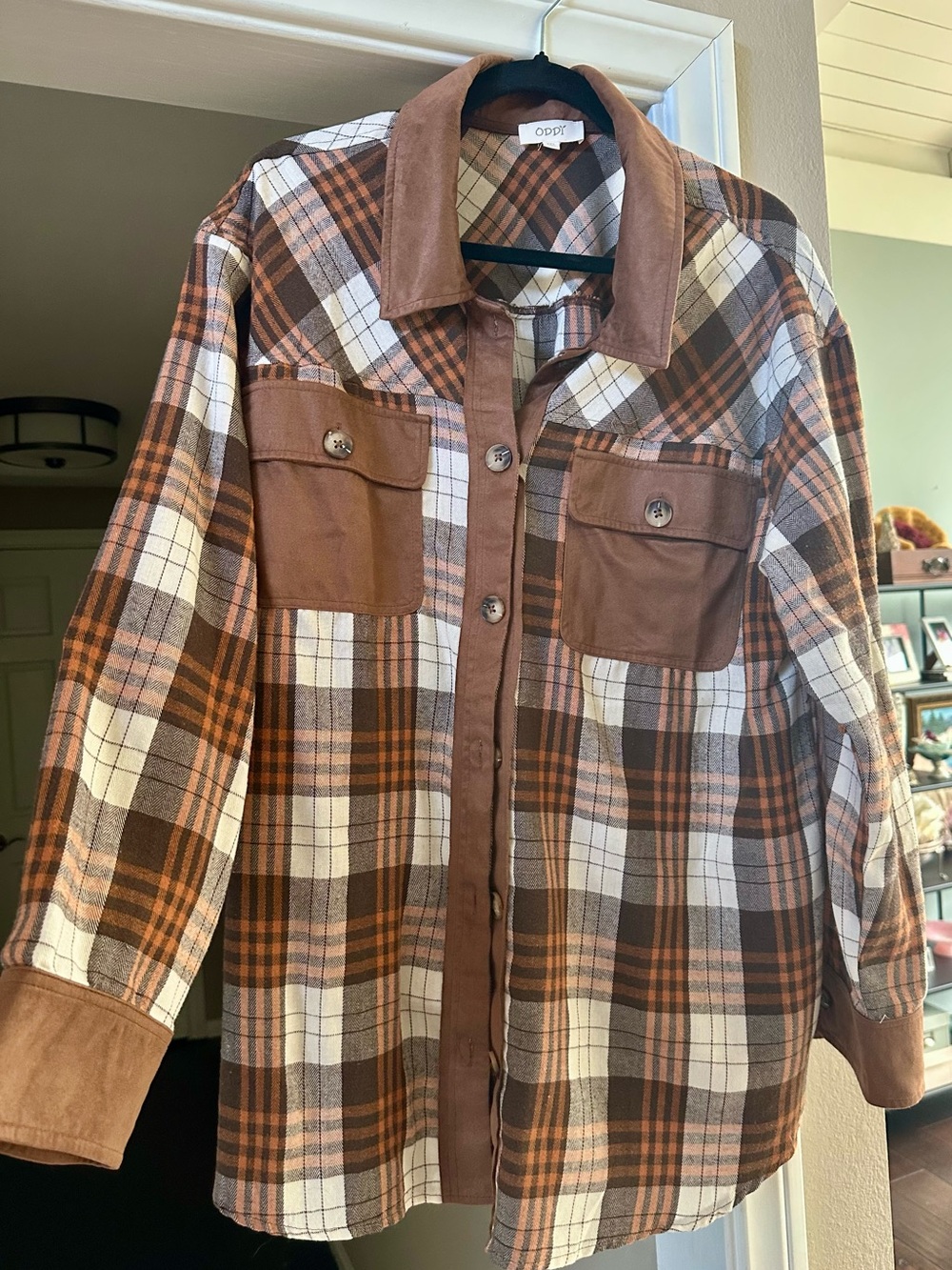 ODDY Brown & Cream Plaid Button-Up Jacket